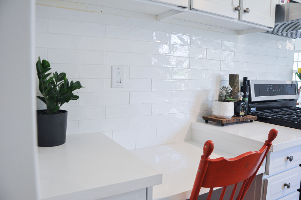 Large transitional galley dark wood floor and brown floor kitchen pantry photo in Toronto with an undermount sink, raised-panel cabinets, white cabinets, quartz countertops, white backsplash, ceramic backsplash, stainless steel appliances, two islands and white countertops