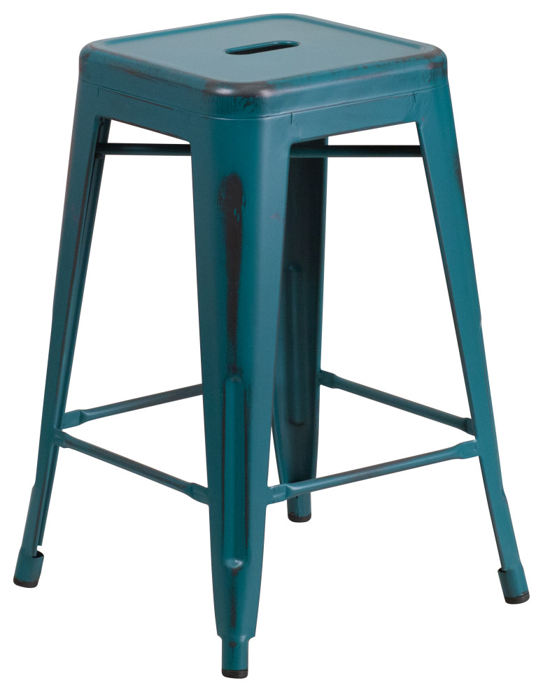Backless Metal Stool in Distressed Finish Industrial Outdoor Bar