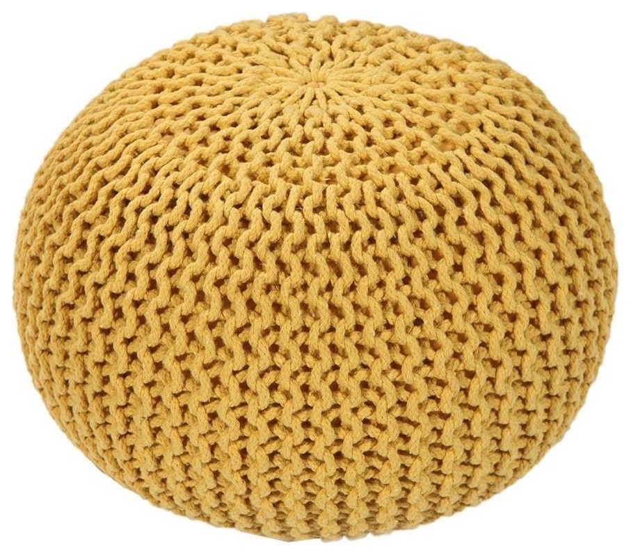 Handmade Round Knitted Pouf, Vibrant Yellow, 20"x14"