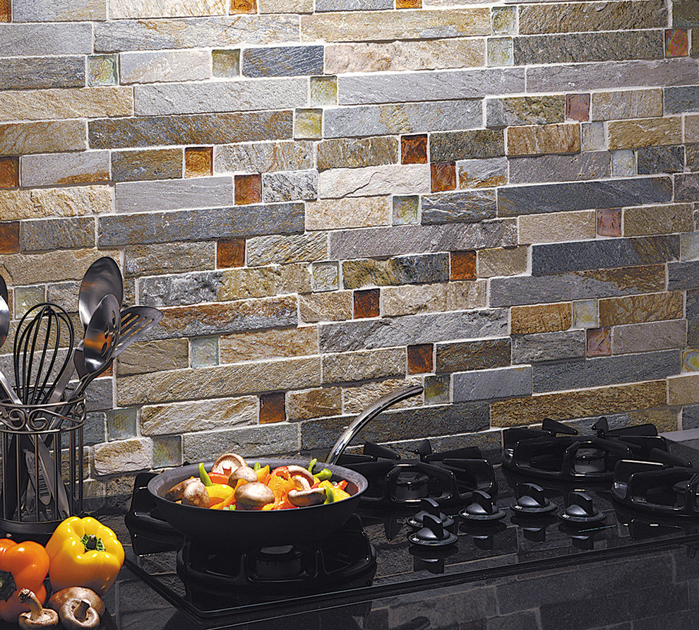 Example of a mountain style kitchen design in DC Metro with gray backsplash and stone tile backsplash