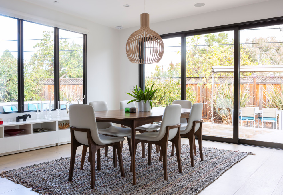 Example of a danish dining room design in San Francisco with white walls and no fireplace