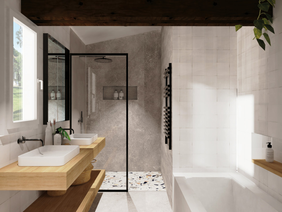 Inspiration for an urban ensuite bathroom in Nantes with a built-in bath, a built-in shower, white tiles, glass tiles, concrete flooring, a built-in sink, grey floors, an open shower, a wall niche and double sinks.
