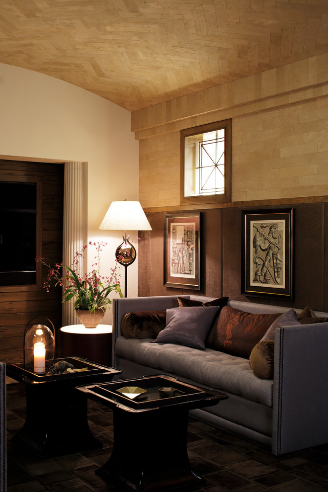 Inspiration for a transitional enclosed home theatre in Miami with beige walls, light hardwood floors and brown floor.