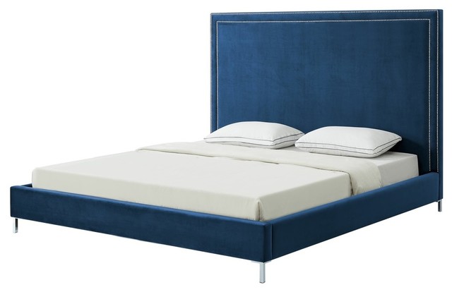 Giovanna Nailhead Trim Platform Bed, Navy Velvet, King