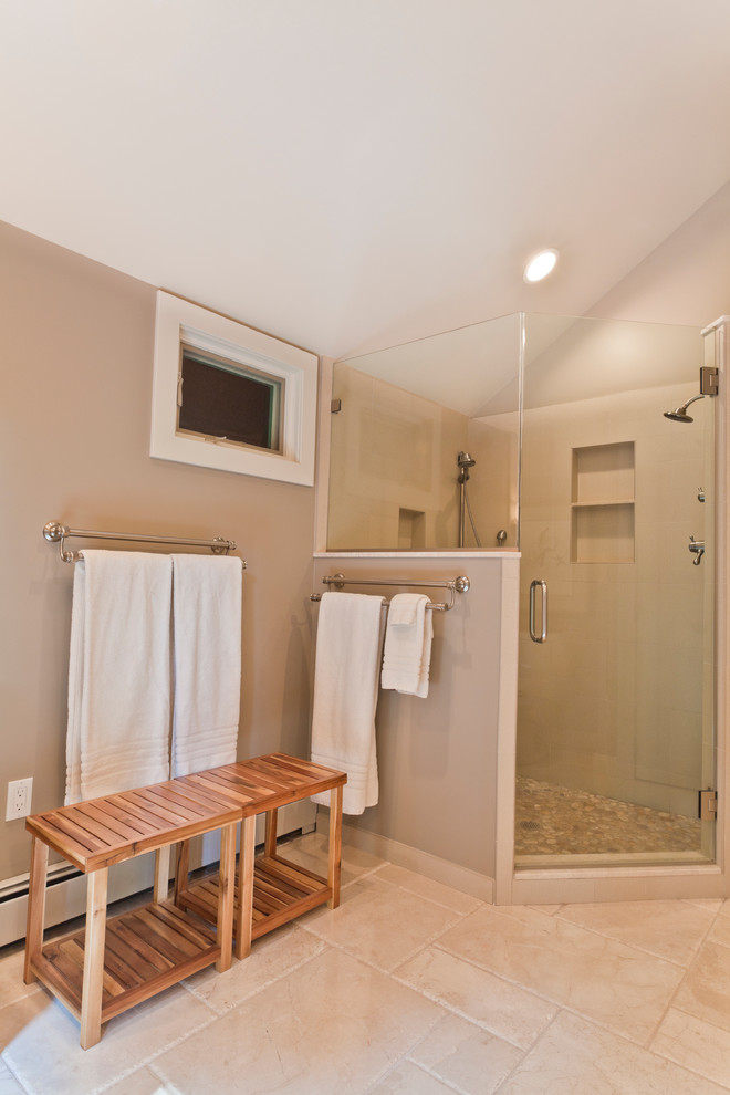 Large contemporary master bathroom in Philadelphia with shaker cabinets, white cabinets, an alcove shower, a two-piece toilet, beige tile, stone tile, beige walls, travertine floors, an undermount sink and engineered quartz benchtops.