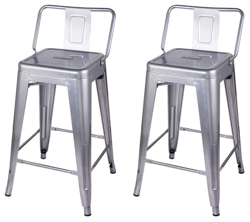 Lowback Silver Metal Bar Stools Set of 2 Industrial Bar Stools And