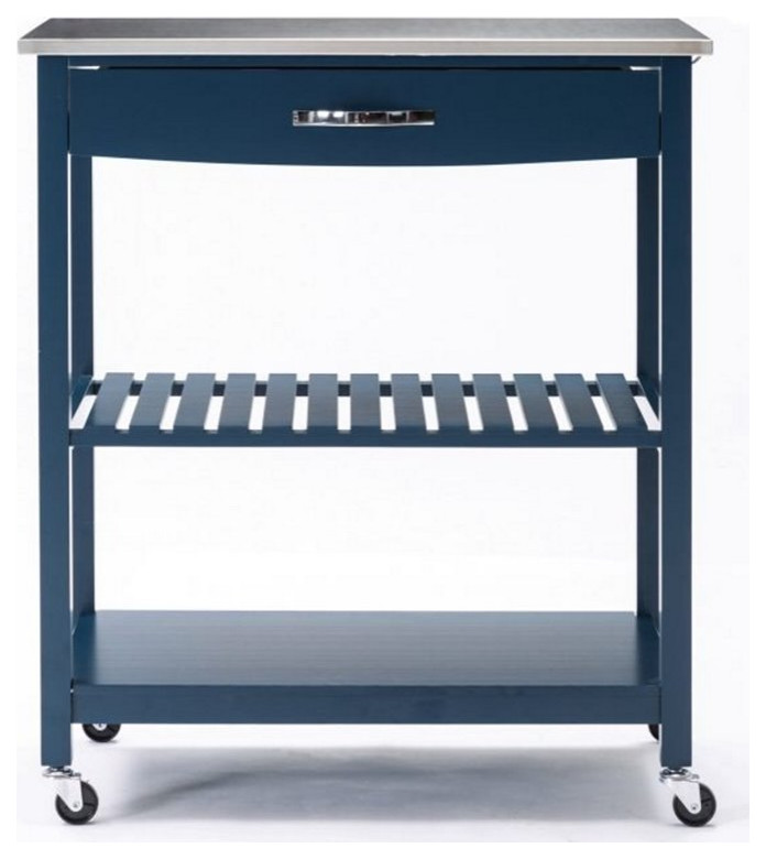Boraam Holland Wood Kitchen Cart with Stainless Steel Top in Navy Blue