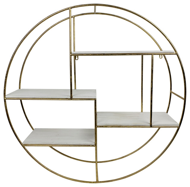 Metal/Wood, 32" 4Layered Round Shelf, White/Gold Contemporary Display And Wall Shelves by