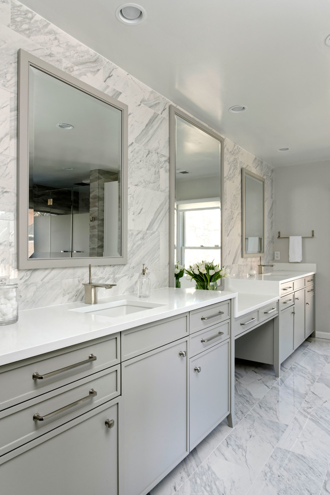 This is an example of a large modern master bathroom in DC Metro with beaded inset cabinets, grey cabinets, an open shower, a one-piece toilet, gray tile, marble, grey walls, marble floors, a drop-in sink, engineered quartz benchtops, multi-coloured floor and a hinged shower door.