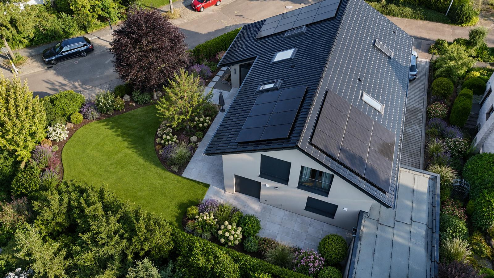 Drohnenaufnahme, Garten mit KI begrünt