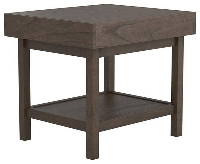 Rectangular End Table, Hidden Storage Drawer and Lower Shelf, Gray Industrial Side Tables