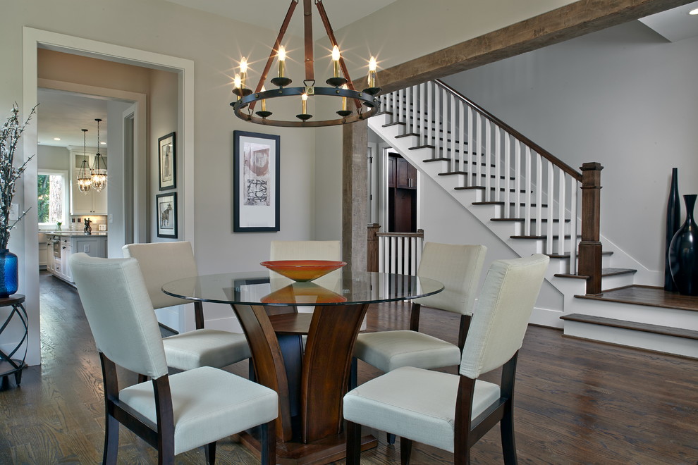 Mid-sized transitional dark wood floor dining room photo in Atlanta with gray walls