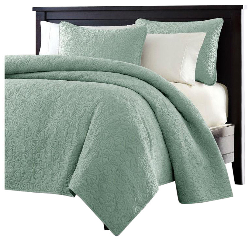Full / Queen Seafoam Blue Green Quilted Coverlet Quilt Set With 2 Shams ...