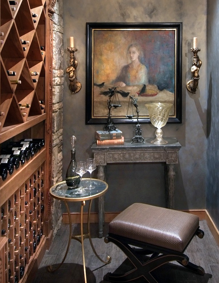 Inspiration for a mid-sized country wine cellar in Atlanta with diamond bins and ceramic floors.