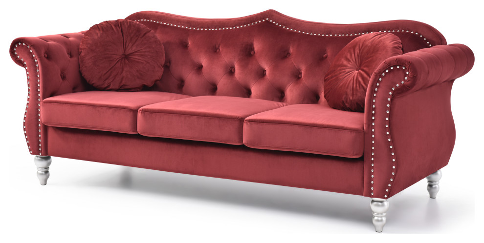 Hollywood Velvet Tufted Sofa, Burgundy