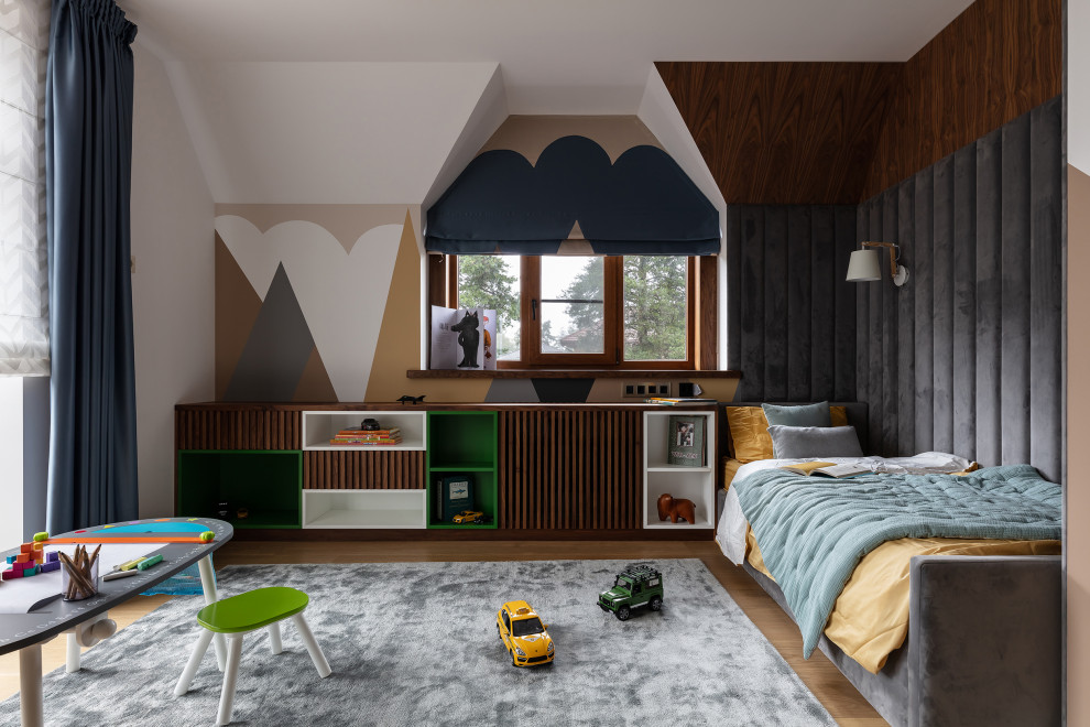 Photo of a large contemporary gender neutral kids' bedroom in Saint Petersburg with multi-coloured walls, light hardwood flooring, grey floors, a drop ceiling, panelled walls and feature lighting.