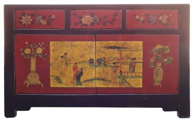 Chinese Black Red Lady Scenery 3 Drawer Sideboard Cabinet