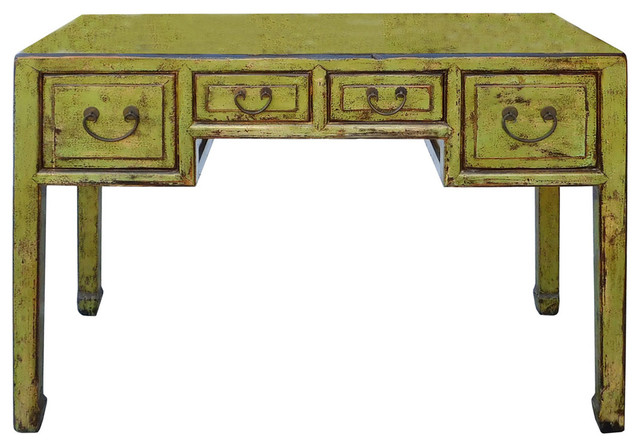 Chinese Distressed Lime Green Yellow 4-Drawer Table Desk