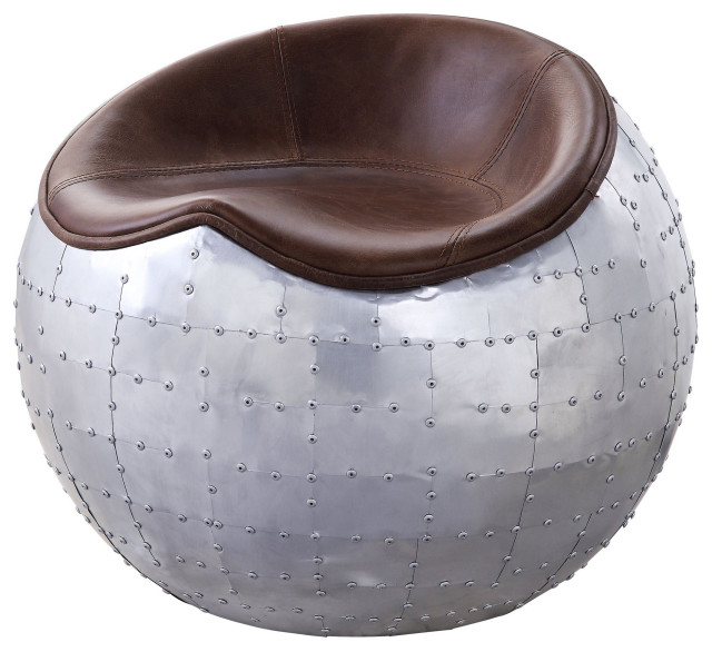 Industrial Ottoman, Unique Aluminum Base & Grain Leather Seat