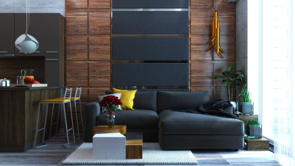 Строгая современная кухня-гостиная