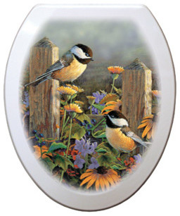 Linda's Chickadees Elongated White with Oil Rubbed Bronze Toilet Seat