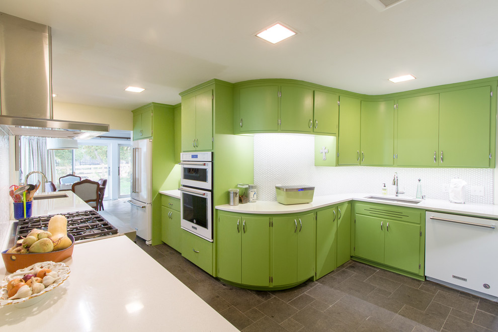 Design ideas for a large midcentury l-shaped separate kitchen in Milwaukee with an undermount sink, green cabinets, quartz benchtops, white splashback, porcelain splashback, white appliances, slate floors, no island, grey floor and yellow benchtop.