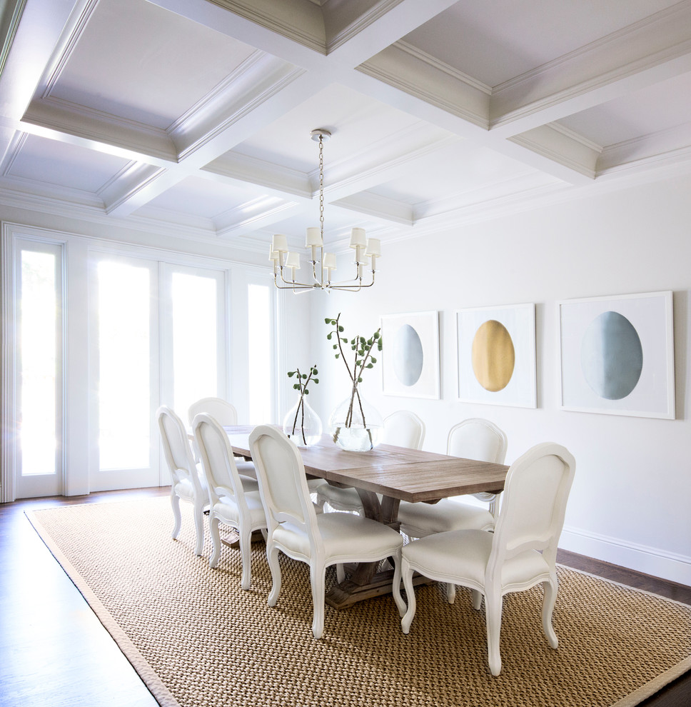 Inspiration for a large transitional separate dining room in San Francisco with white walls and dark hardwood floors.