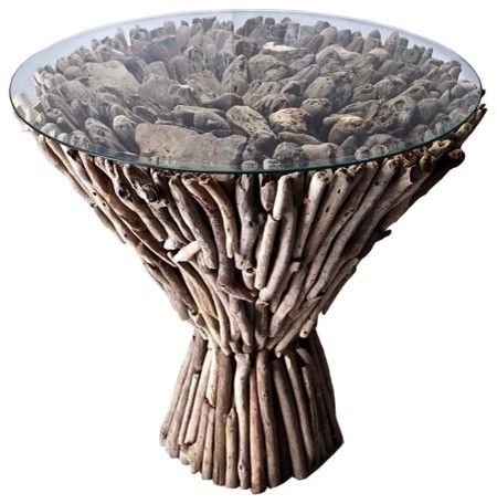 Beautiful Driftwood Table, Conical Shape, Handcrafted, 20" High, Glass Top