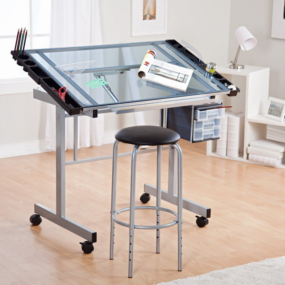 Metal and Glass Mobile Artist Craft Table with Supply Storage and