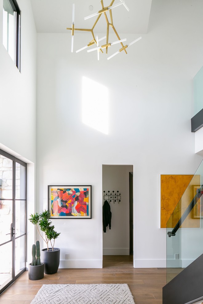 This is an example of a large foyer in Orange County with white walls, medium hardwood floors, a single front door, a glass front door and brown floor.