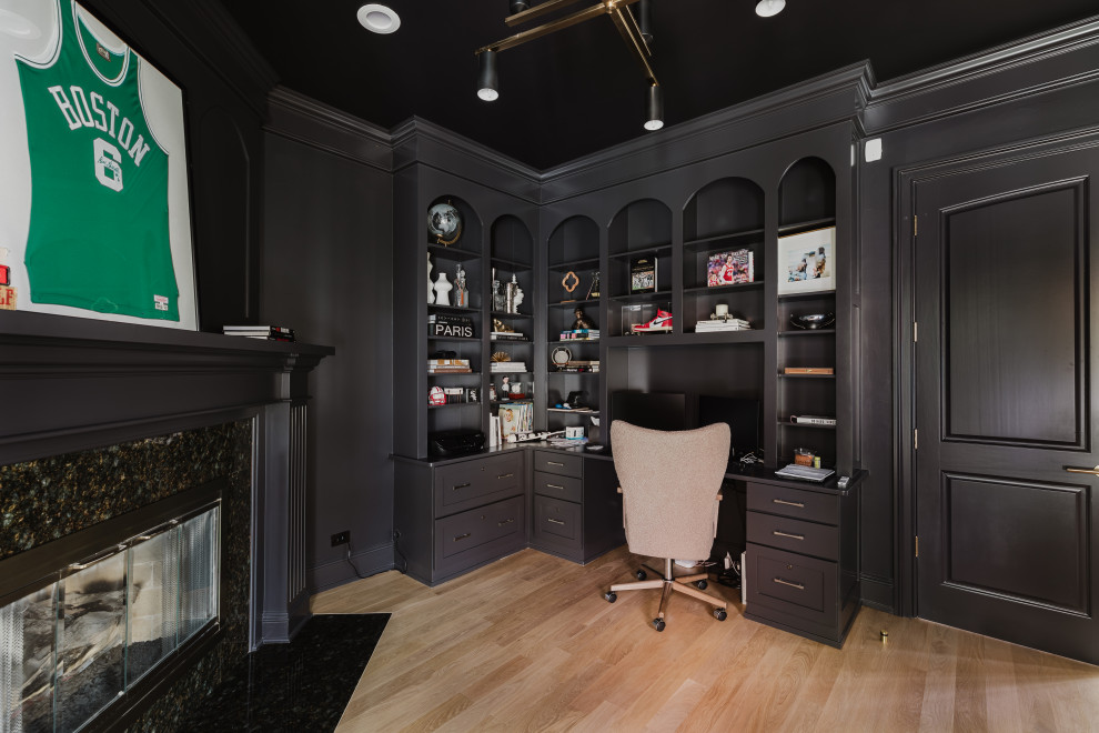 Stylish Home Office With Modern Furniture and Built-In Shelving