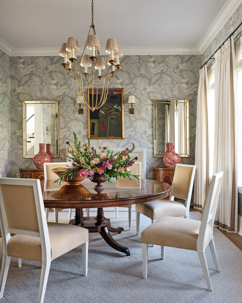 This is an example of a medium sized traditional enclosed dining room in Charlotte with grey walls, light hardwood flooring, beige floors and wallpapered walls.
