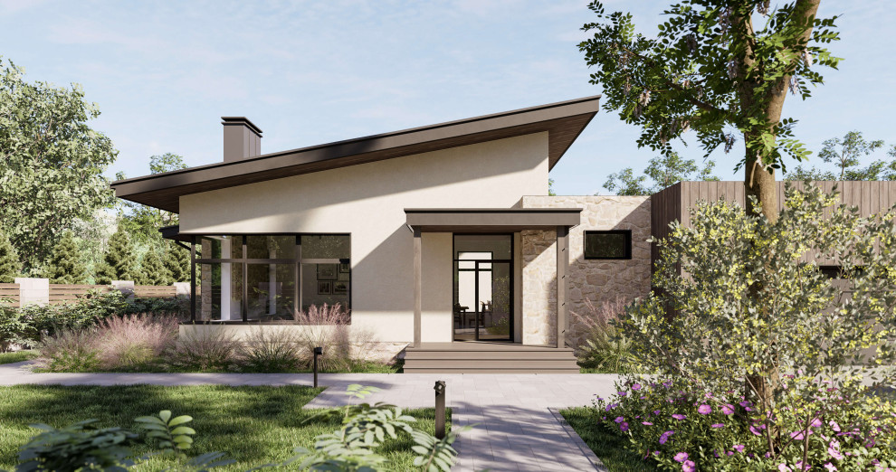 Inspiration for a medium sized and beige contemporary bungalow detached house with stone cladding, a lean-to roof, a metal roof, a grey roof and board and batten cladding.