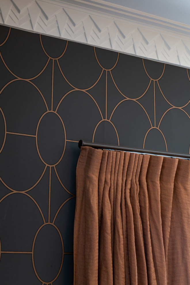Mid-sized minimalist dark wood floor, brown floor and wallpaper kitchen/dining room combo photo in Wellington with brown walls