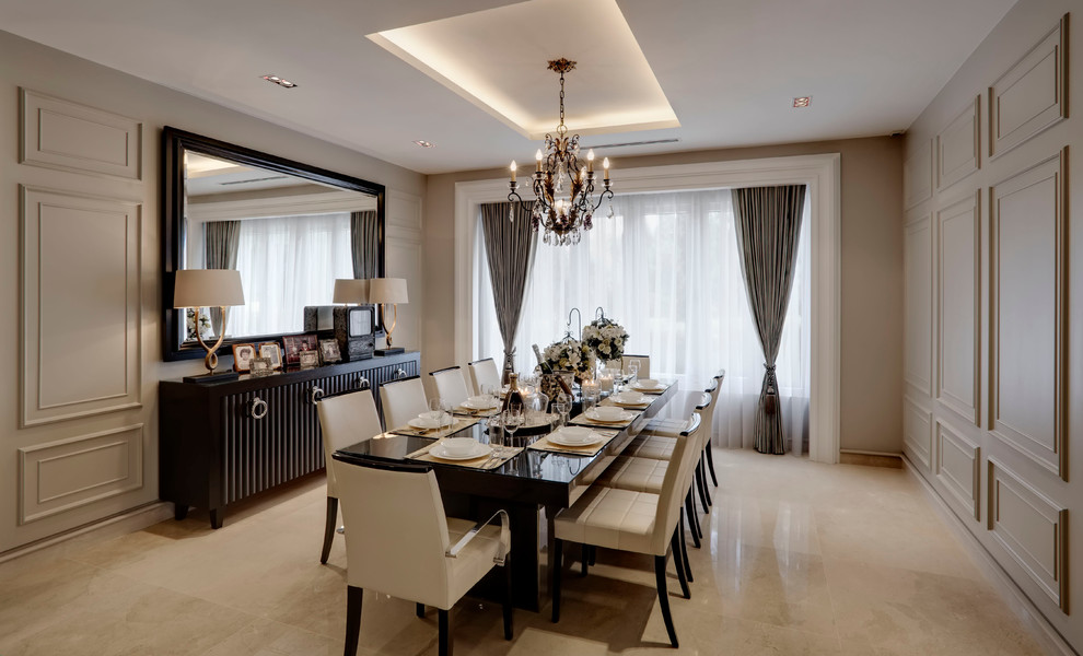 This is an example of a large contemporary dining room in Singapore with marble floors and no fireplace.
