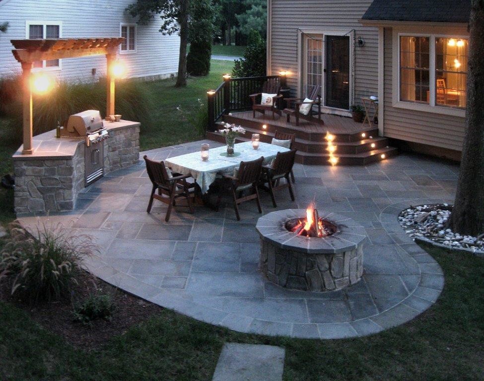 Photo of a mid-sized contemporary backyard patio in DC Metro with concrete pavers, a fire feature and no cover.