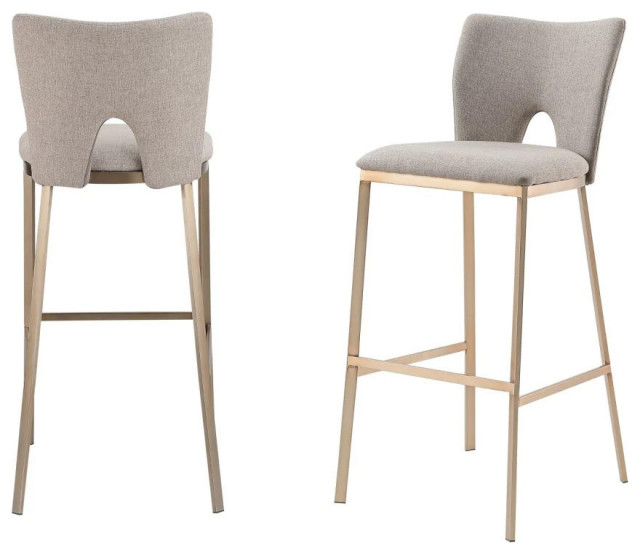 Lovell Glam Gray Fabric and Brass Bar Stool, Set of 2 Contemporary