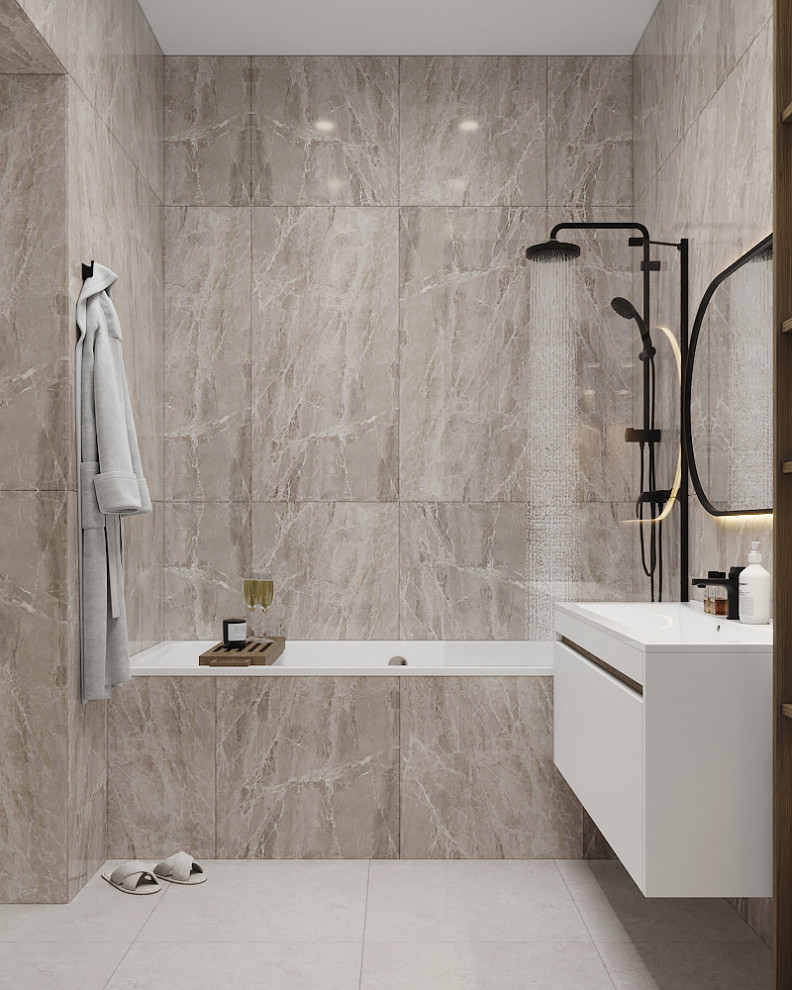 Inspiration for a small contemporary master bathroom in Moscow with flat-panel cabinets, white cabinets, an alcove tub, a shower/bathtub combo, beige tile, porcelain tile, porcelain floors, beige floor, a shower curtain, a single vanity and a floating vanity.