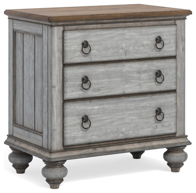 Bowery Hill Farmhouse Weathered Gray Nightstand with Three Drawers