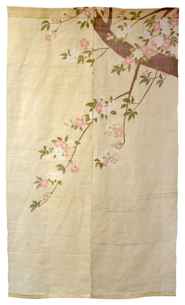 Cherry Blossoms on Branch Yellow Linen Noren