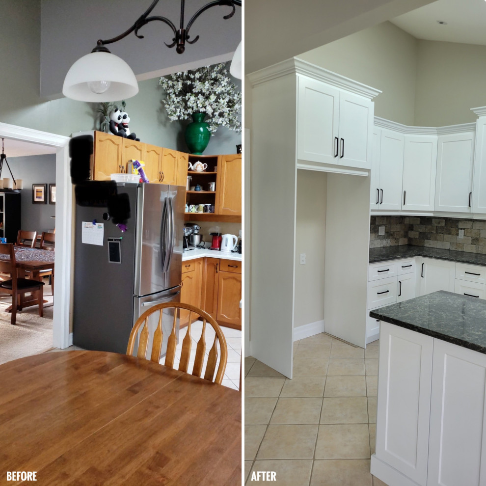 Transitional u-shaped open concept kitchen photo with an undermount sink, recessed-panel cabinets, white cabinets, multicolored backsplash, stone tile backsplash, stainless steel appliances and a peninsula