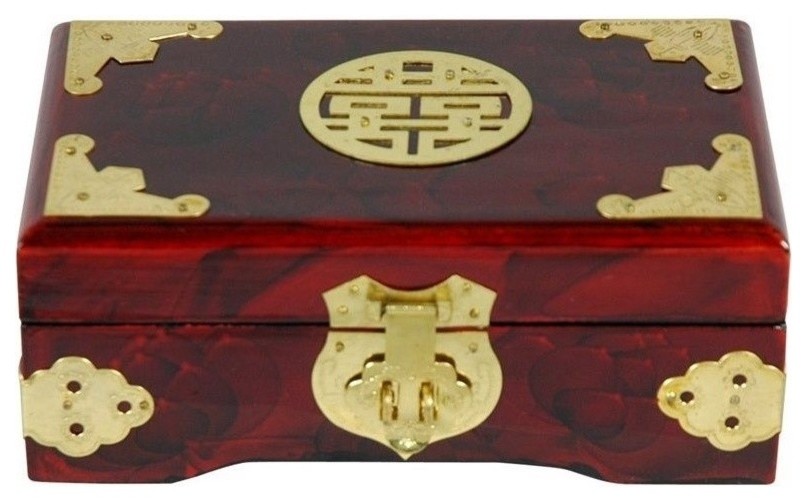 6 in. Wide Rosewood Jewelry Box w Brass Shou Symbol