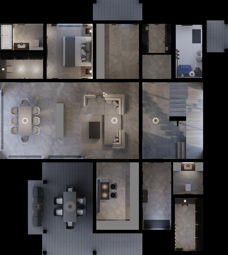 3d-визуализация плана первого этажа в проекте загородного дома