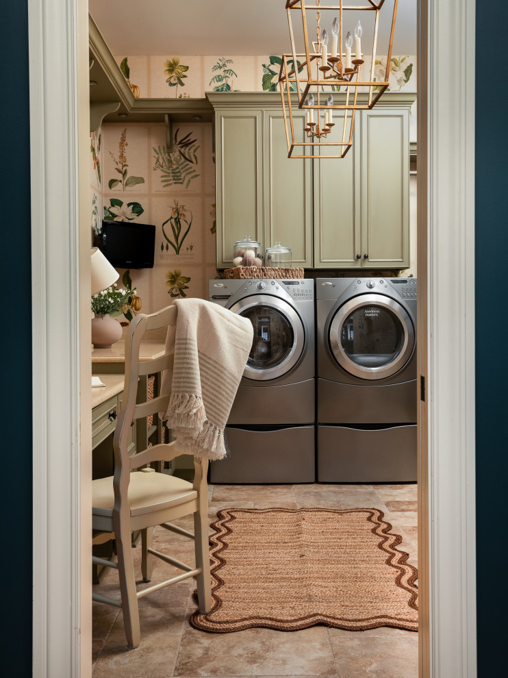Inspiration for a timeless l-shaped beige floor and wallpaper utility room remodel in Indianapolis with recessed-panel cabinets, green cabinets, multicolored walls, a side-by-side washer/dryer and beige countertops