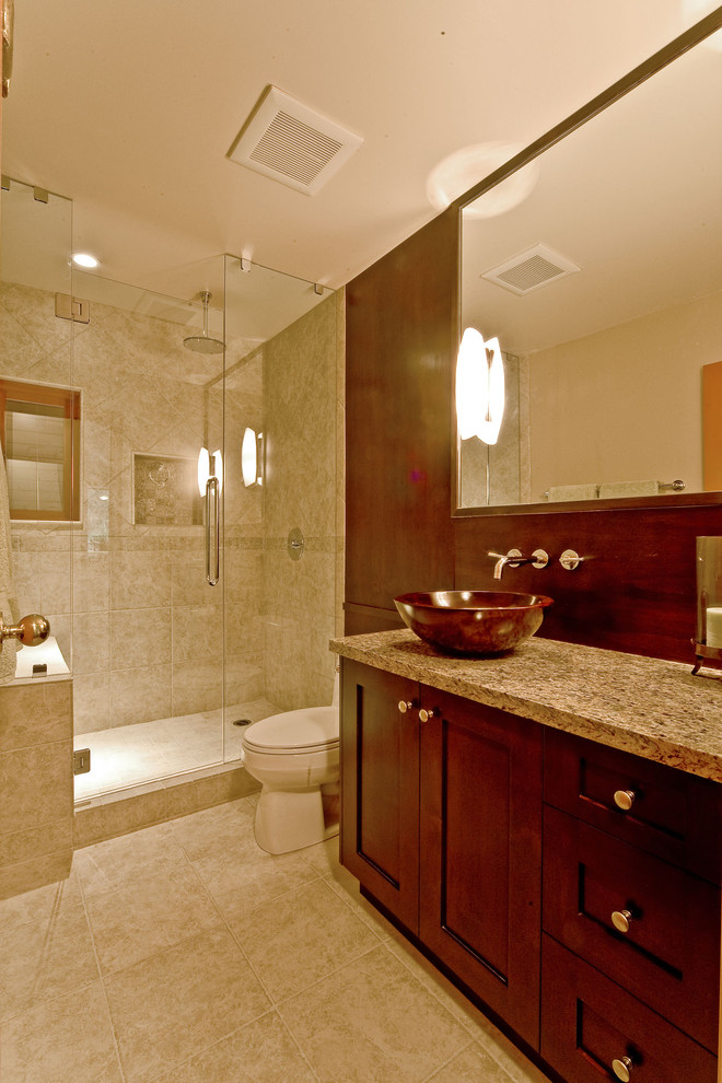 Contemporary bathroom in Vancouver with granite benchtops and a vessel sink.