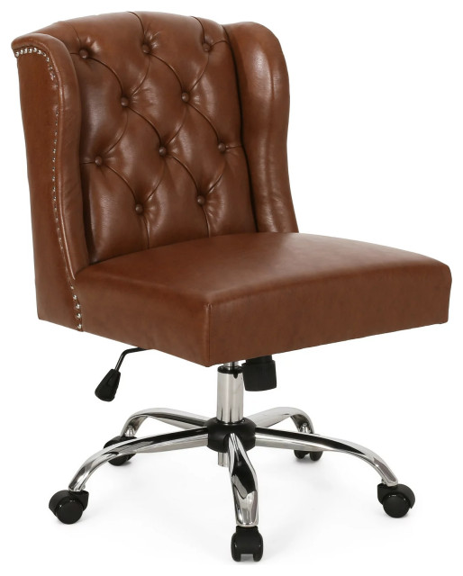 Retro Office Chair, Faux Leather Seat & Button Tufted Wing Back