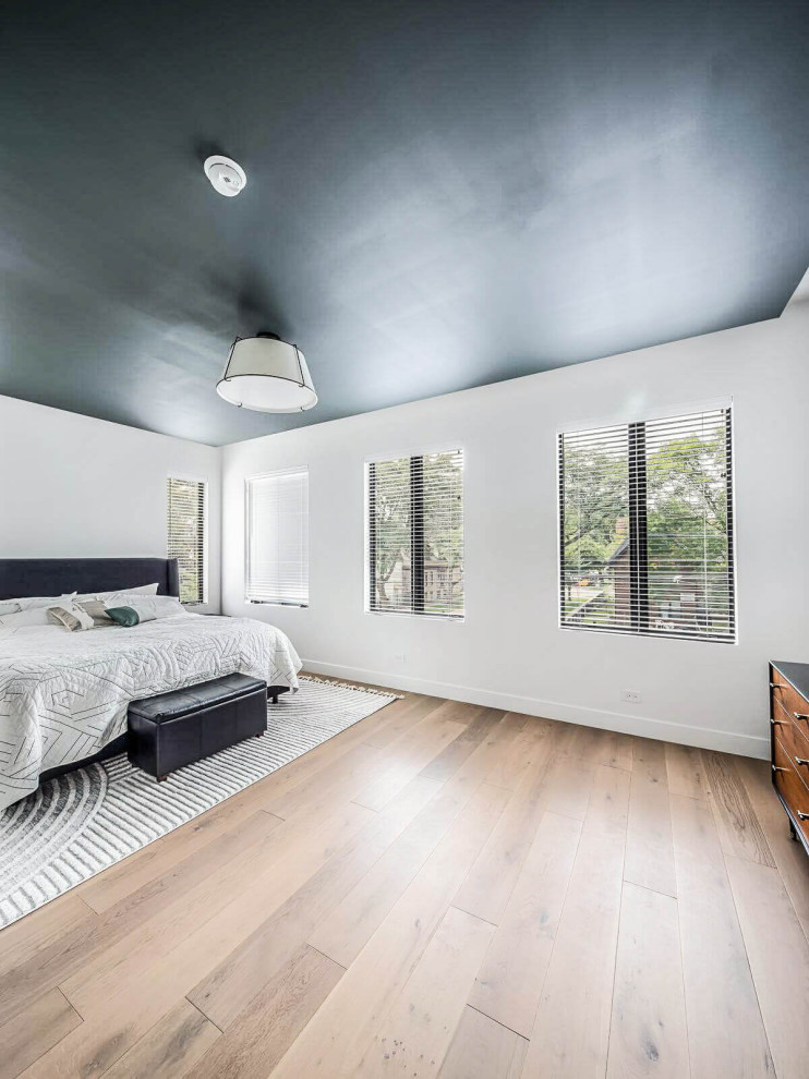 Immagine di una grande camera da letto chic con pavimento multicolore