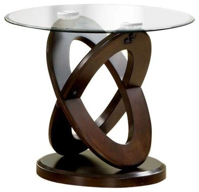 Cross Oval Base End Table With Round Glass Top, Brown And Clear