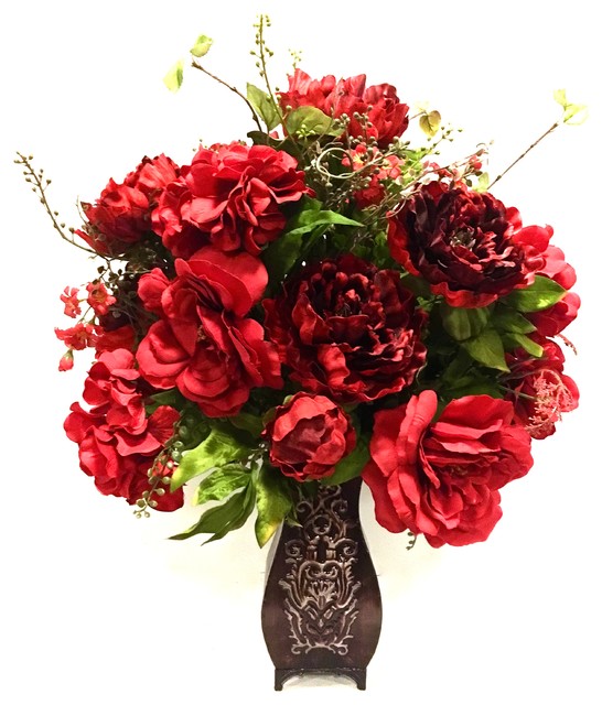 red artificial flower arrangements