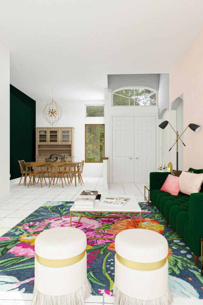 Idéer för stora funkis vardagsrum, med rosa väggar och klinkergolv i keramik